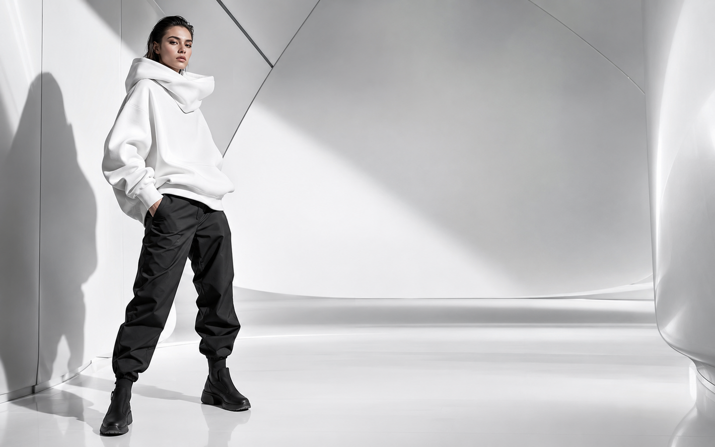 Futuristic white hoodie campaign